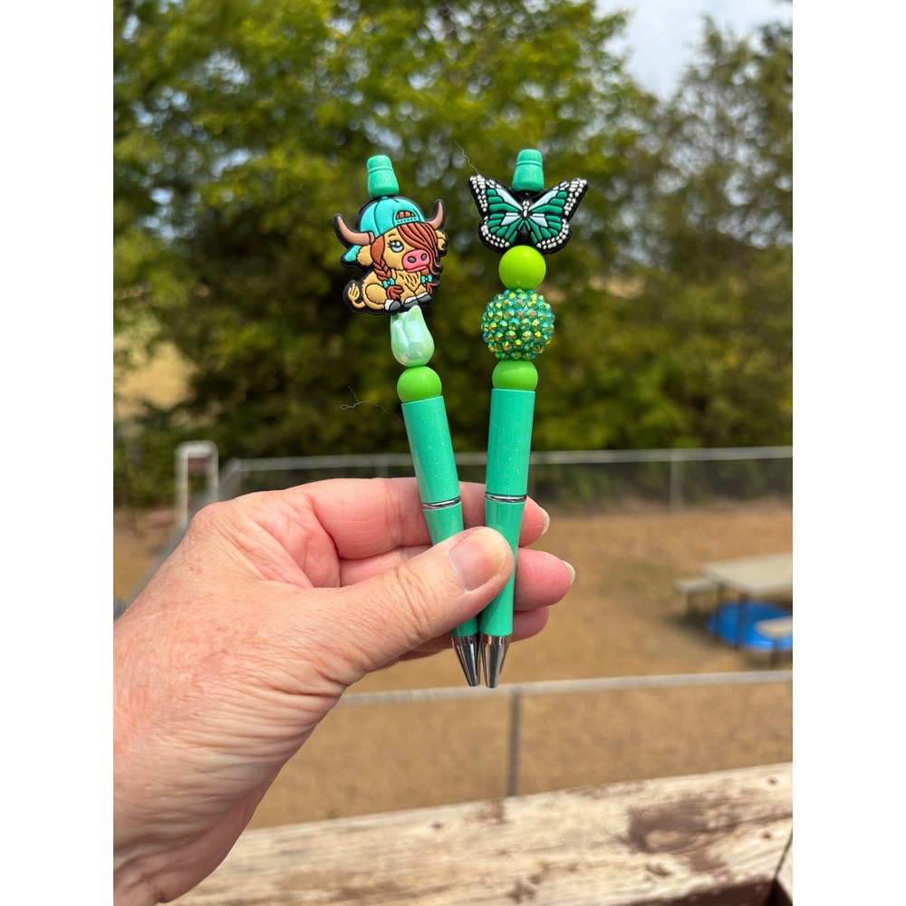 Handmade Beaded Pen Set Highland Cow Butterfly Mint Green Glitter 2pc